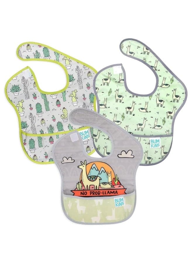 Bumkins Bibs for Girl or Boy, SuperBib Baby and Toddler for 6-24 Months, Essential Must Have for Eating, Feeding, Baby Led Weaning Supplies, Mess Saving Catch Food, 3-pk No Prob-Llama, Cactus, Llamas