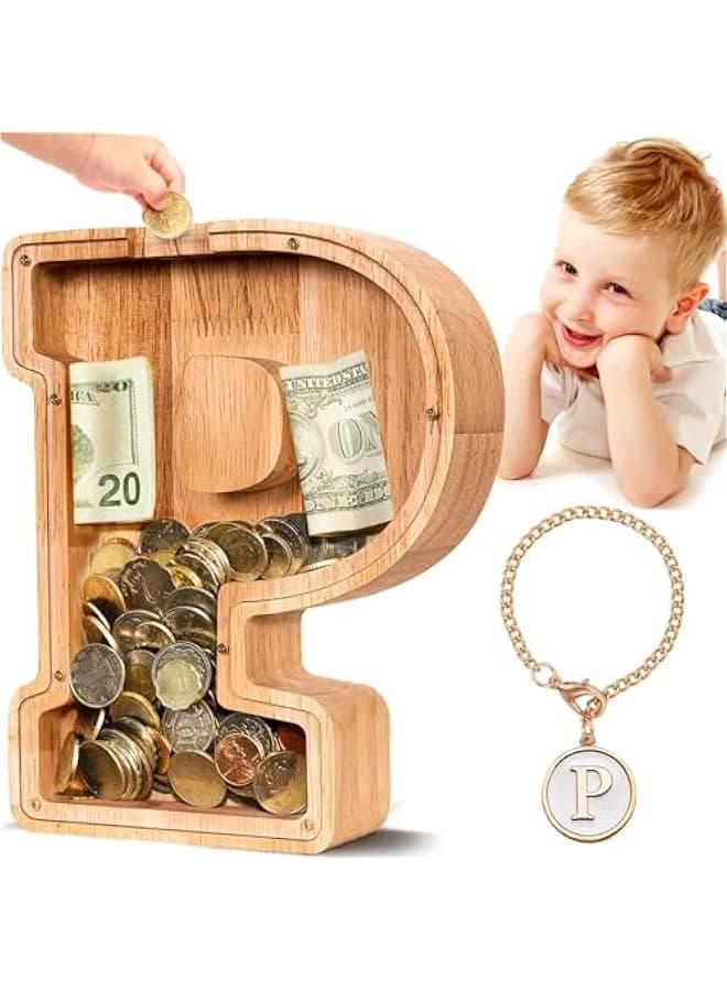 SummiDate Wooden Letter gy Bank| gy Bank for Boys Girls Toddler| Alphabet P Money Bank| Coin Bank Birthday Gift for Kids|Birthday Gift for Kids (P)