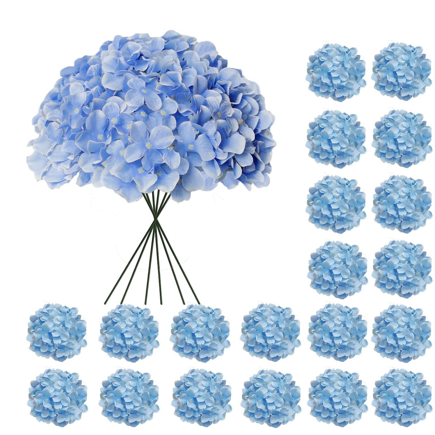 Cherica 20 Pcs Blue Hydrangea Artificial Flowers Bulk Faux Hydrangea Flowers Heads Artificial Fake Silk Hydrangea Flowers with Stems Blue Flowers Artificial for Decoration Wedding Dcor