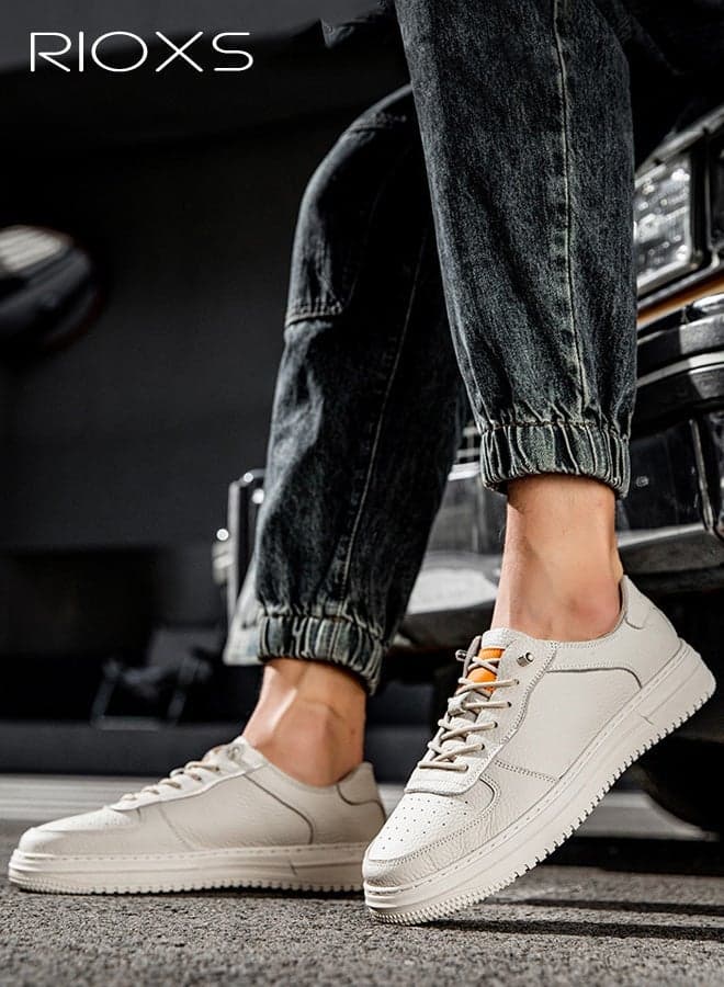 Men's Casual Sneakers, Premium Leather Comfort Shoes, Classic Lace-Up Slip-ons Flat Shoes, Lightweight Walking Shoes for Male, Tennnis Court Sneaker Athlesiure Shoes, Breathable Low Top Sneaker for Men Sports/ Travel/ Work/ Daily Wear, Mans Fashion Footwear Beige