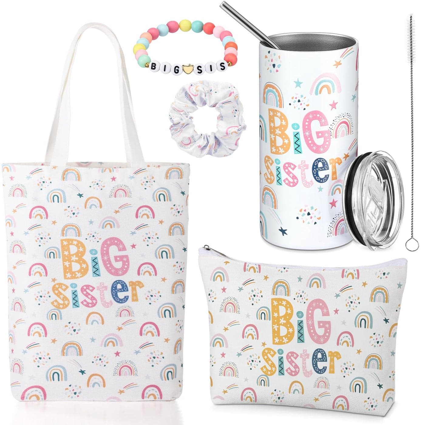 Sieral 5 Pcs Rainbow Big Sister Gifts for Girls Big Sister Makeup Bag Canvas Tote Bag 14oz Stainless Steel Tumbler with Straw Scrunchies Bracelet for Little Girls New Baby Birthday Baby Shower