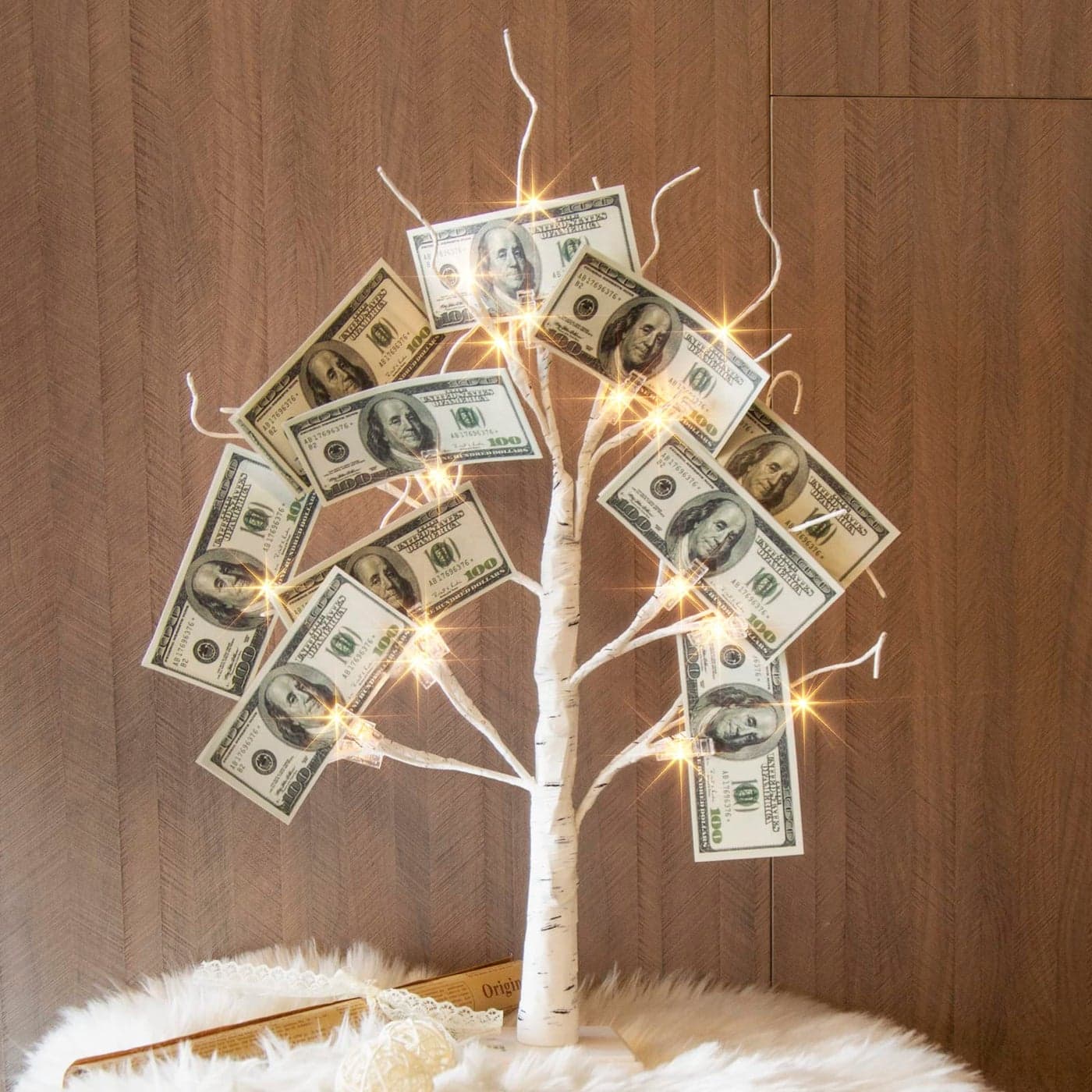 EAMBRITE Money Tree Gift Holder Lighted Birch Tree 2FT 24LED BatteryUSB Powered Timer Light Up Display Twig Gift Card Tree with 6 Clear Clips and 6 Cards for Home Christmas Graduation Photo Memo