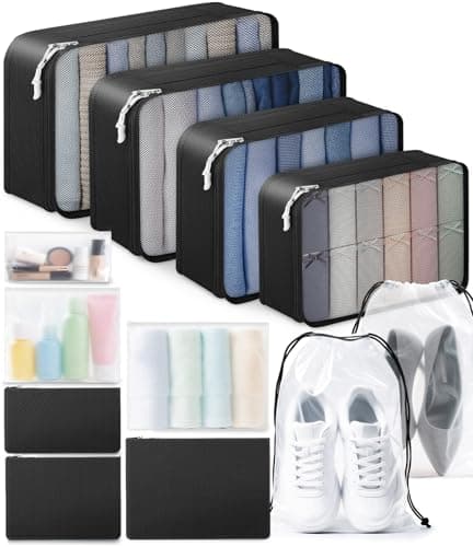 ALL INCLUDED 12 Set Packing Cubes for Suitcases Carry On Travel EssentialsAccessories Luggage Organizer Bags Set Includes Cubes Shoes Bag Matte Cosmetic Bag Zipper Bags