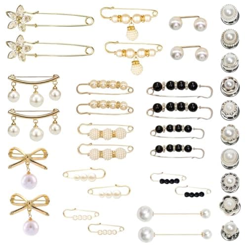 SANNIDHI 36Pcs Jeans Tightening Clips Pearl Saree Pin for Pleats Metal Brooch Buttons Anti Exposure Neckline Safety Pins for Clothing, Dress, Pants,Skirt,Sweater, Shawl,Party Decorations