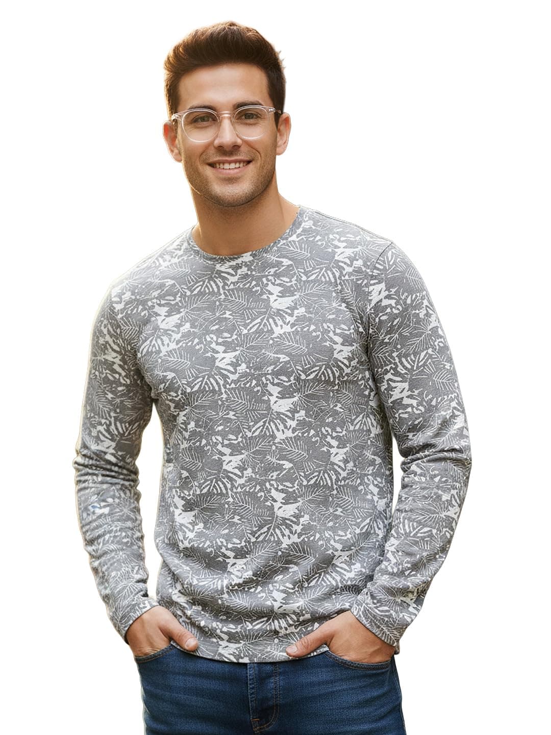 Urbano Fashion Men's White Grey Printed Full Sleeve Slim Fit Cotton T-Shirt (aopleaffull-whigre-2xl)