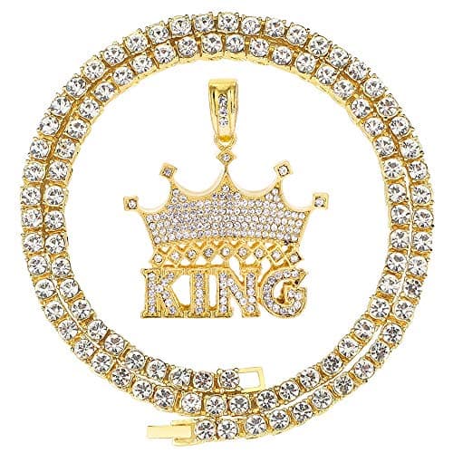 HH BLING EMPIRE 14k Gold Silver Plated Hip Hop Rapper Pendant Chain Necklace for Men, Iced Out Diamond King Crown Pendant with 5mm Tennis Chains 22 Inch (Crown-Gold,& Tennis)