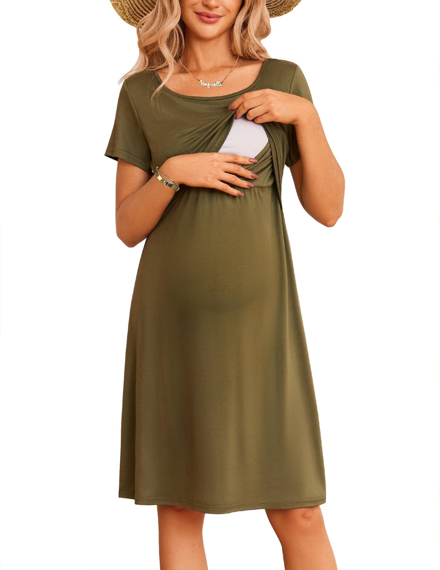 Ekouaer Maternity Nursing Dress for Women Short Sleeve Patchwork Breastfeeding Dress Summer Pregnancy Knee Length Dress Army Green