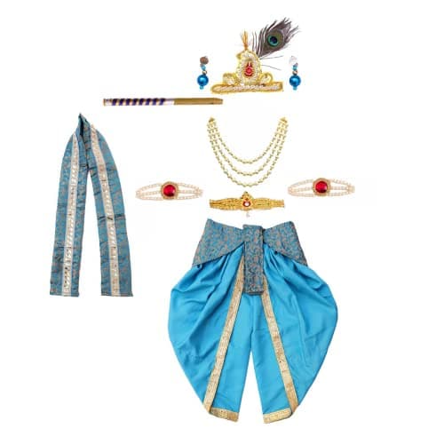 ITSMYCOSTUME Krishna Dress for Baby Boy Kids Set of 10(Dhoti,Patka,Hip Cover,Mukut,Morpankh,Bansuri,Kamarband,Bajuband,Kundal) Little Krishna Ji Kanha Janmasthmi Costume for Kids(Turquoise)
