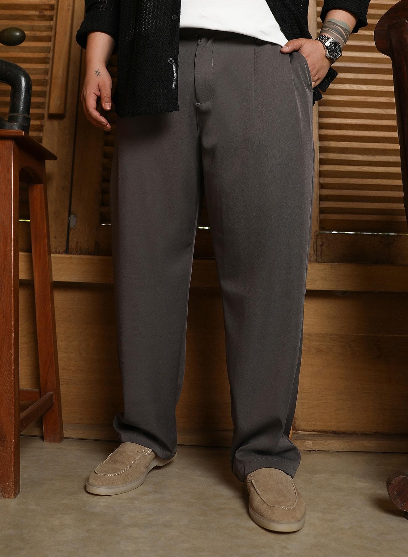 Men's Charcoal Black Straight Pleated Trousers For Casual Wear | Mid-Rise | Straight Fit | Drawstring Closure | Plus Size Trousers Crafted With Comfort Fit For Everyday Wear