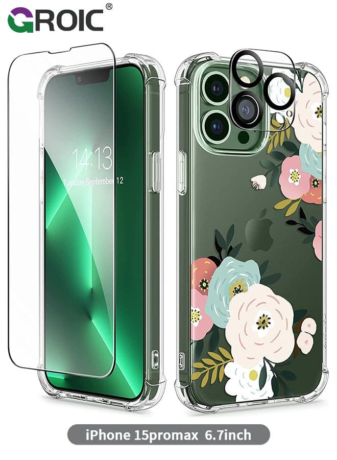 Designed for iPhone 15 Pro Max Case, Clear with Floral Pattern Design, Shockproof Protective Cover with Screen Protector + Camera Lens Protector,Phone Shell for iPhone 15 Pro Max 6.7 Inch