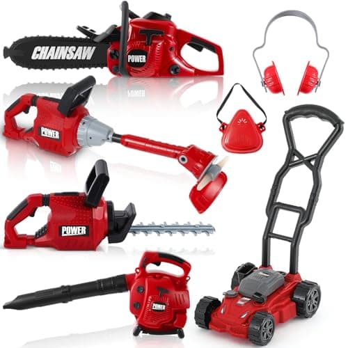 Arrowbash 7 Pcs Toy Leaf Blower Lawn Trimmer Toy Chainsaw Lawn Cutter Push Mower Battery Set with Masks and Earmuffs Gardening Tool Set Christmas Birthday Gifts for Boys and Girls