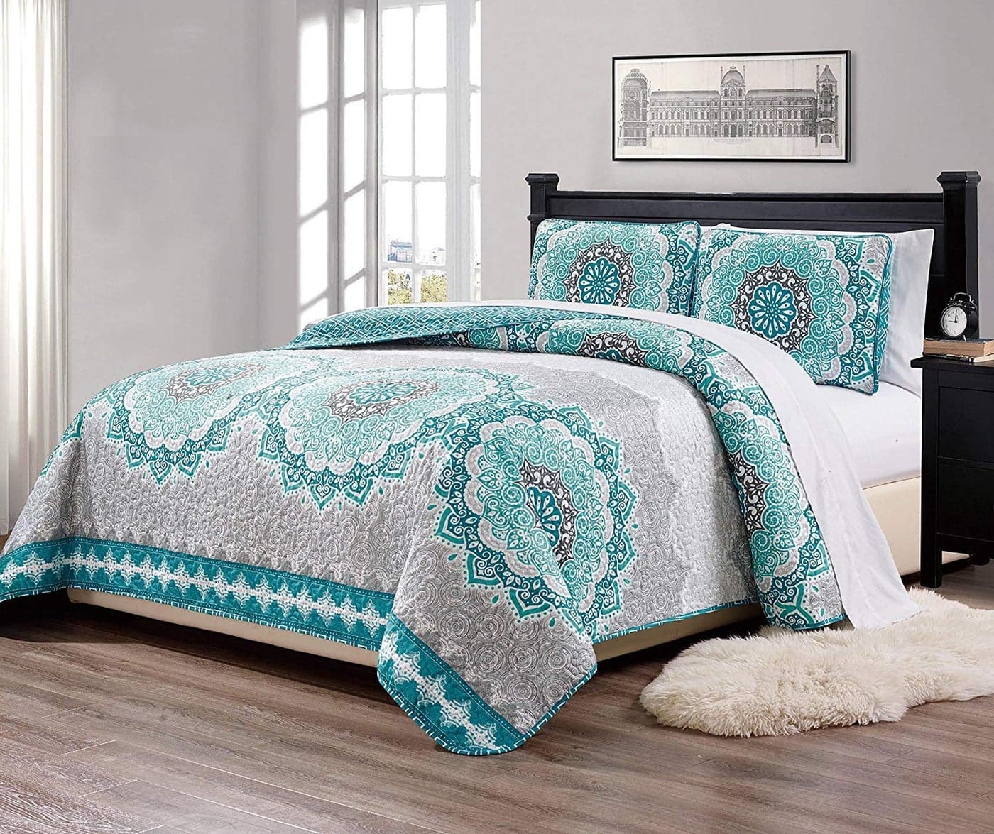 Linen Plus 7pc King Over Size Quilted Bedspread with Sheet Set Floral Medallion Turquoise Teal Aqua Blue Coastal PlainGray New
