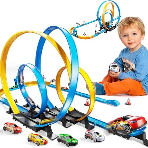 LILYBUDS Toy Car Race Track Set for Boys Kids Age 35 47 Race Tracks with 4 HighSpeed Pull Back Race Cars and Crash Zones Christmas Halloween Birthdays Gifts Toys for Boys Kids 46 812 Years Old