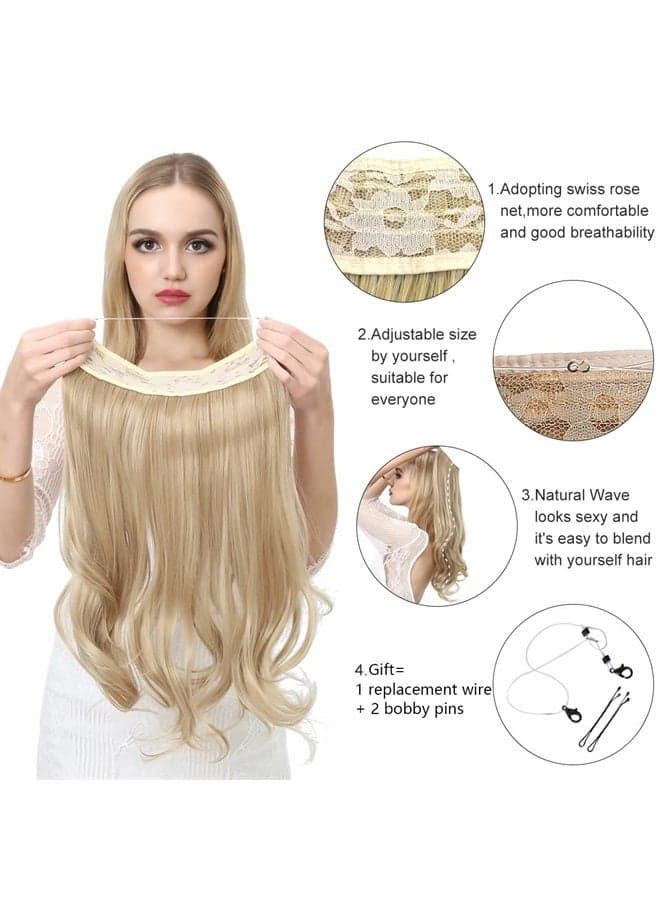 Highlight Invisible Wire Hair Extension Brown/Beach Blonde Wavy Curly Long Synthetic Hairpiece Headband Adjustable 16 Inch for Women No Clip