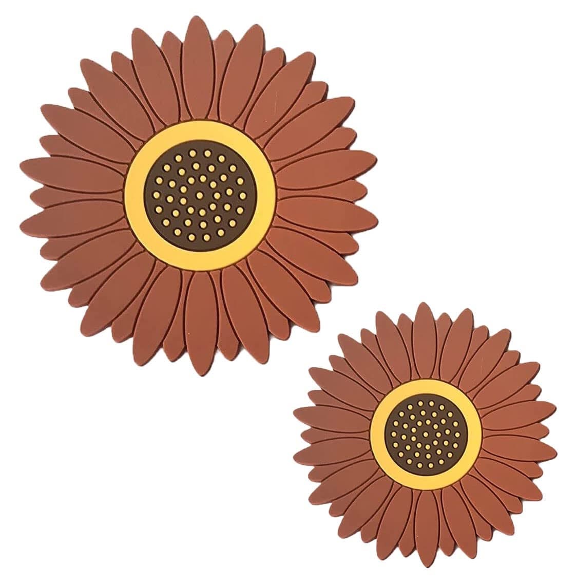 WOODTULA Sunflower Silicone Trivet Mat - 2pcs Large Coasters for Kitchen - Kitchen Decor Mats - Trivets for Pots & Hot Dish (Set of 2, Big + Meduim, Brown)