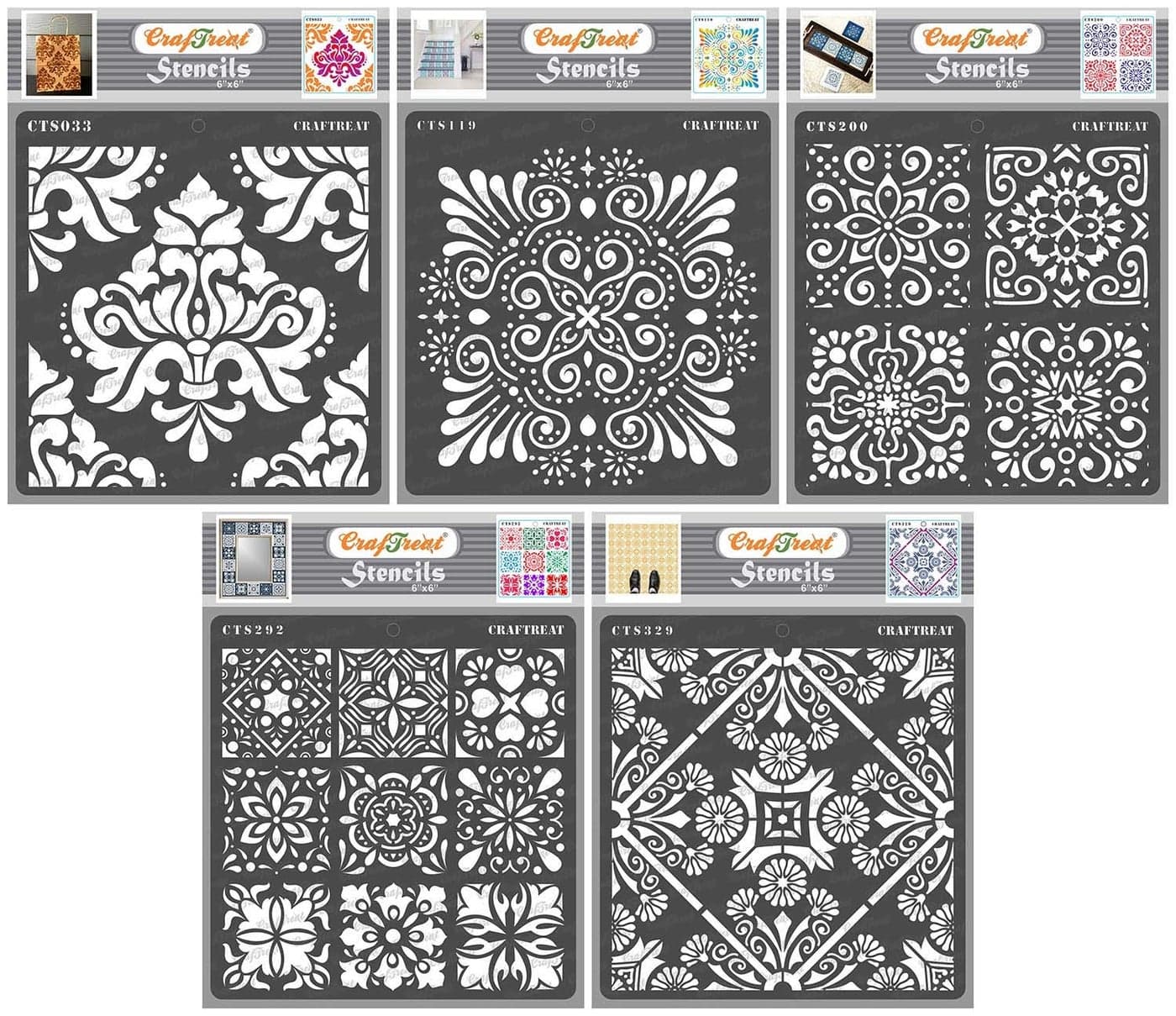 CrafTreat Reusable Damask Stencils for Painting on Wood Canvas Paper Fabric Floor Wall and Tile Tile Designs Bundle 5Pcs Size 6x6 Inches Each DIY Art and Craft Stencils for Home Decor
