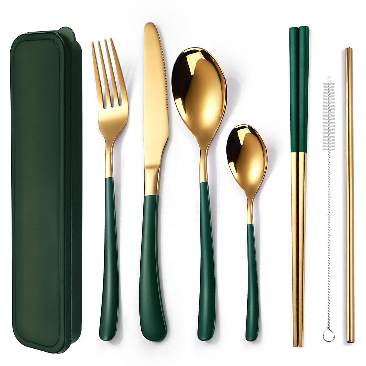 AARAINBOW 6 Pieces Stainless Steel Flatware Set Portable Reusable Cutlery Set Travel Utensils Set Including Chopsticks Knife Fork Spoon Straws Cleaning Brush Dishwasher Safe BPink golden