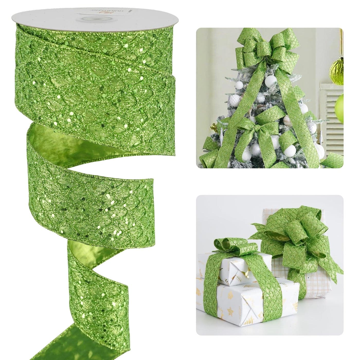HUIHUANG Lime Green Wired Ribbon for Christmas Tree 25 inch Lime Green Glitter Diamond Mesh Ribbon for Tree Decoration Wreaths Garland Gift Wrapping Bows Making Halloween Decor 10 Yards