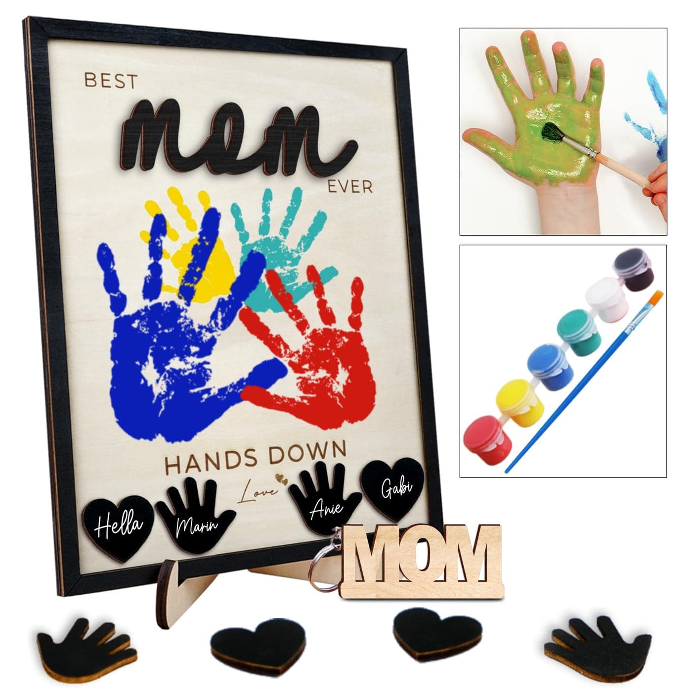 10 Hands Down Best Mom Ever DIY Handprint Kit with Acrylic Paints Art Craft Family Keepsake Wood Frame Mom Keychain Birthday Mothers Day Gift for Mum Family Memories Sign with Kids Names HF90M