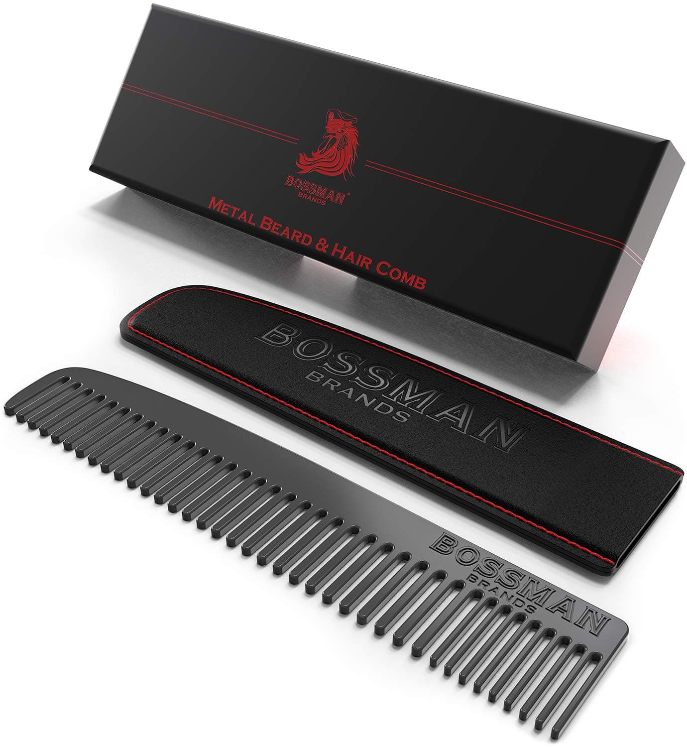 Bossman Metal Grooming Comb for Men Mustache and Beard Styling Tool with Leather Pocket Case Black