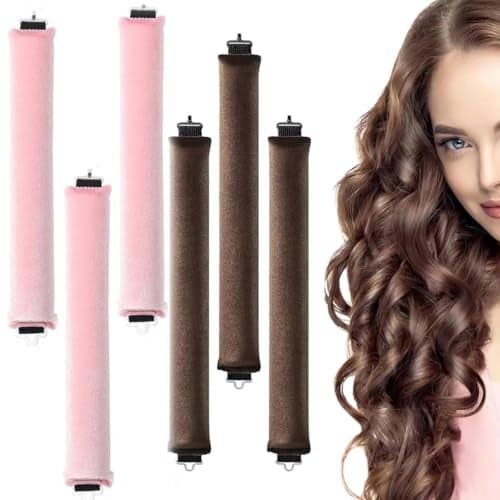 MAYCREATE® 6PCS Heatless Hair Curler, Flexible Curling Rod with Hook, Satin Rollers for All Hair Types, No Heat Curls to Sleep for Curl Rods, Heatless Curls for Blowout Hair, Brown+Pink