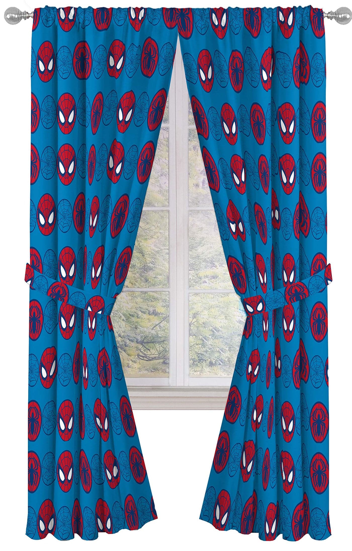 Jay Franco Kids Window Drapes - 4 Piece Curtain Set Includes 2 Tiebacks, Beautiful Bedding Room Décor and Easy Set Up, Blue - Super Hero Adventures, 84 Inch