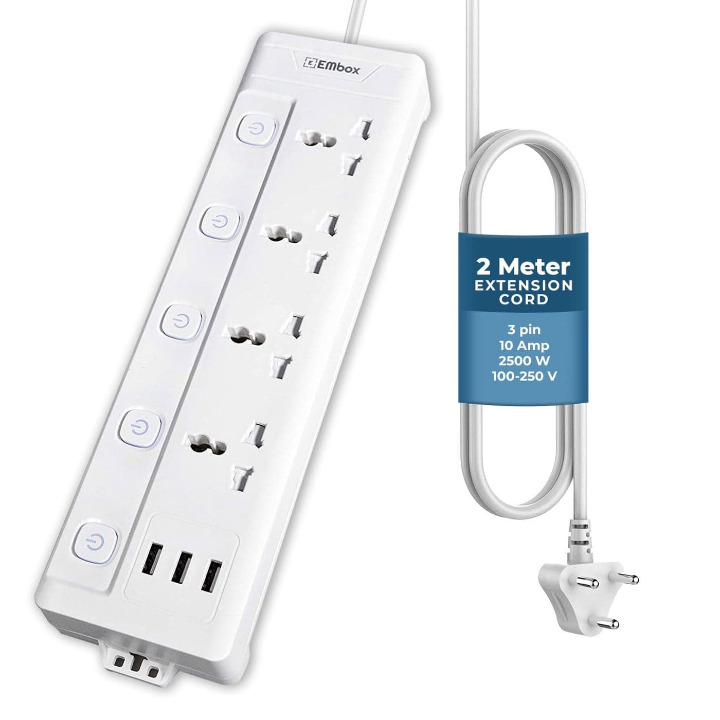 EMBOX 10A Extension Board with USB Port 4 Universal Sockets and 3 USB 24 A Charging Ports with Indicator 2500W Heavy Duty Cable 250 Volts 2 Meter Cable