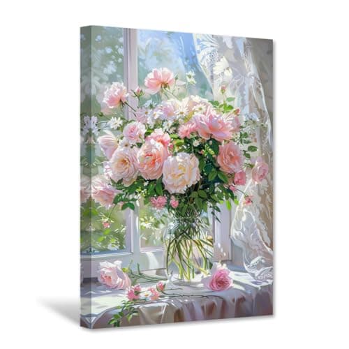 CXHOSTENT Rose Canvas Wall Art Vintage Flower Pictures Pink Floral Painting Print Retro Botanical Prints Rustic Country Bedroom Office Decor Framed (12.00" x 18.00")