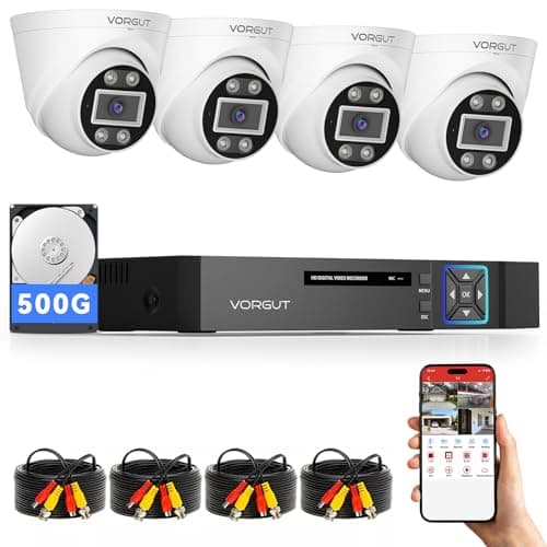 VORGUT 5MP Lite Security Camera System with 500G Hard Drive, 4 Channel AHD TVI DVR Recorder, 4pcs HD Indoor Outdoor Wired Surveillance CCTV Dome Cameras, Smart Motion Detection, Night Vision
