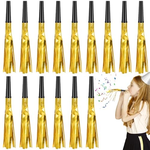 Twavang 24 Pcs Glitter Noise Makers Metallic Fringed Party Blower for Adults Birthday Graduation New Years Party Favors Supplies Gold