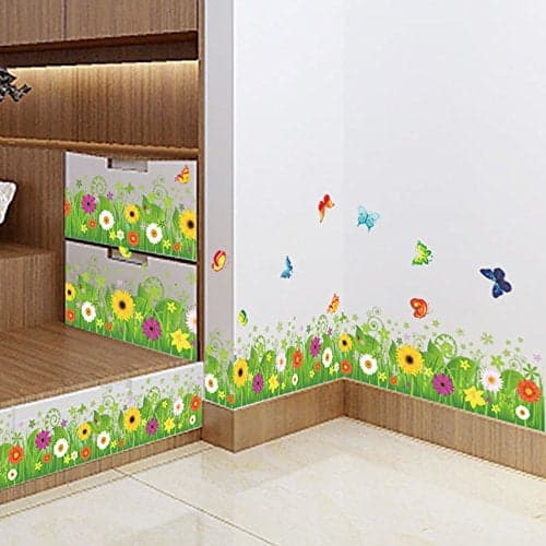 Amaom® Removable Beautiful Green Sunflower Flowers Grass with Flying Butterfly Wall Decals Murals Home Art Decor Peel Stick Wall Stickers for Wall Corner Kids Room