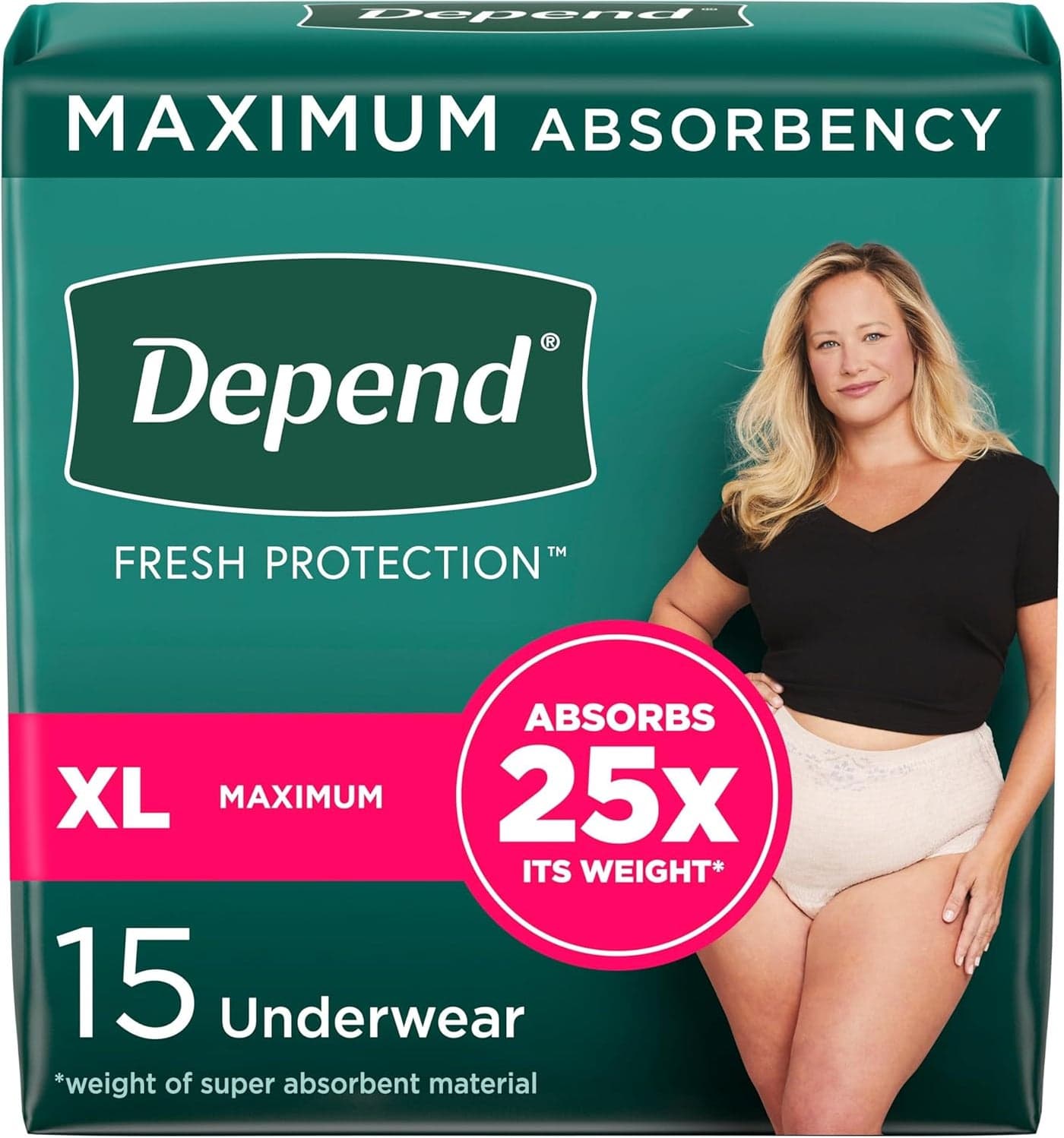 Depend Fresh Protection Adult Incontinence & Postpartum Bladder Leak Underwear for Women, Disposable, Maximum, Extra-Large, Blush, 15 Count, Packaging May Vary