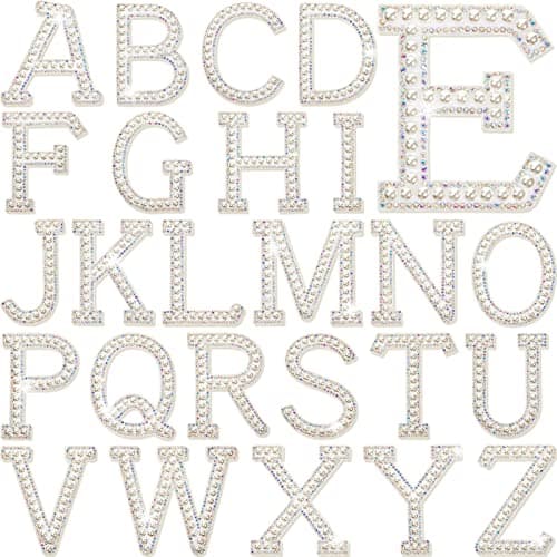 Chuangdi 26 Pcs Pearl Letters Rhinestone Patches Iron on A to Z White Adhesive Pearl Bling Patch Glitter Sew on Alphabet Applique Bling English Letter for Clothes Fabric DIY3 InchWhite