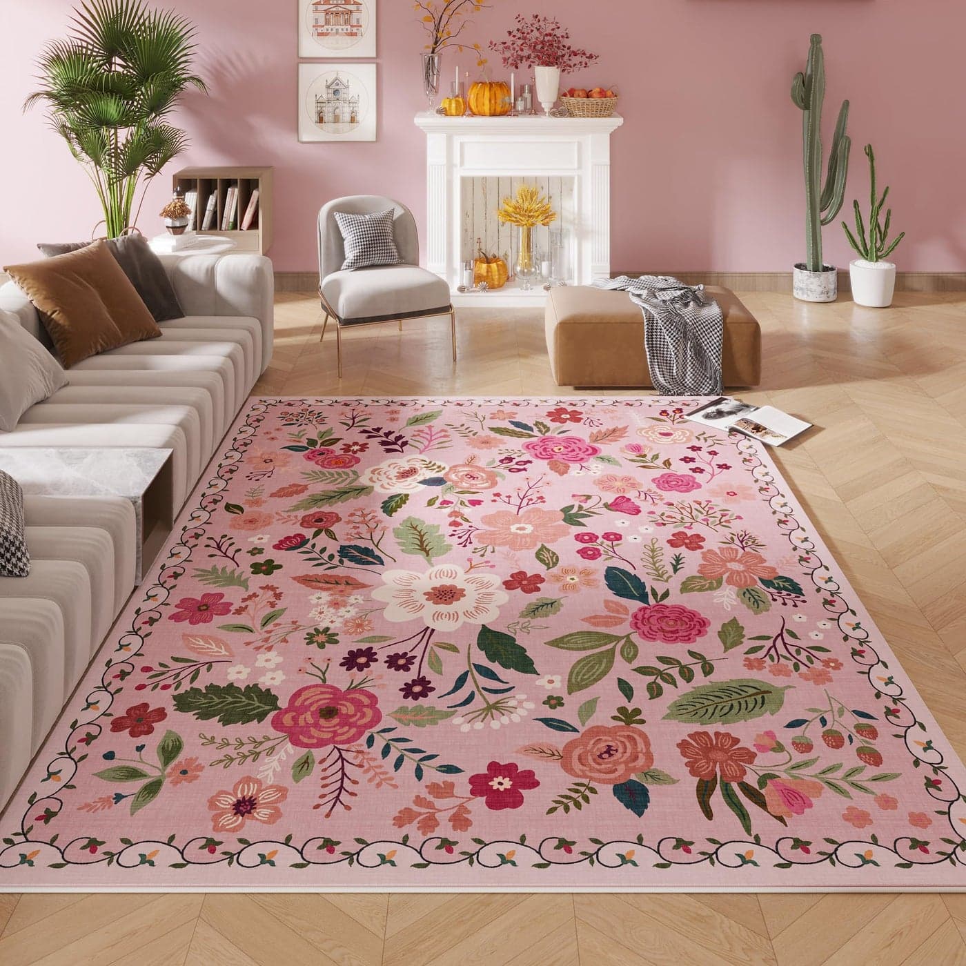 Rugcomf Living Room Rug 5x7 Rug Machine Washable Boho Area Rug Non Slip Floral Vintage Low Pile Large Rugs for Living Room Bedroom Farmhouse Dining Room Kids PlayroomPink