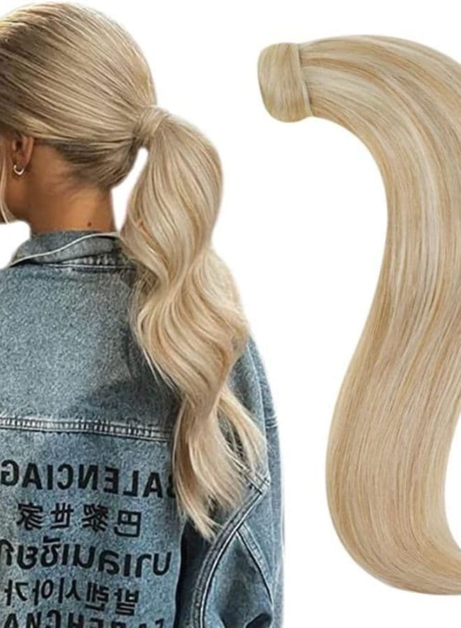 Human Hair Ponytail Extension Blonde Ponytail Human Hair Extensions Short Hairpiece Ash Blonde with Platinum Blonde Straight Clip in Ponytail Hair Extension Real Hair Wrap Around 14 Inch 70g