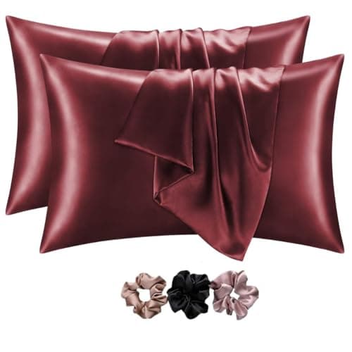 Go well Satin Silk Pillow Covers Pack of 2 for Hair and Skin-with Satin Scrunchies for Women Stylish|Satin Pillow Cover for Hair and Skin|scrunchies for Women 3-Piece|Silk Pillow case(Maroon) 600TC