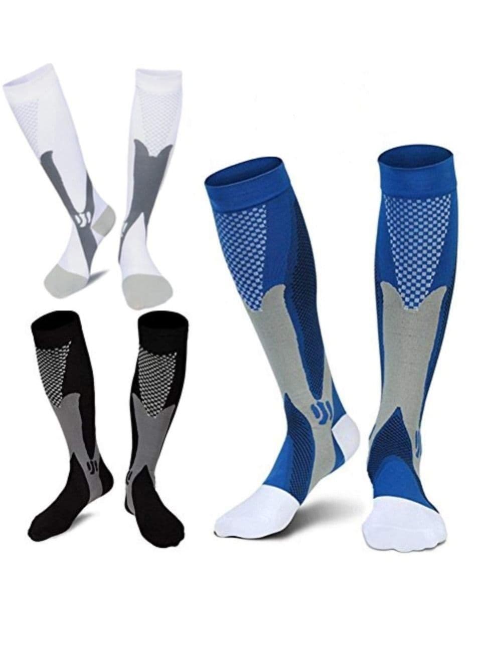 3 Pairs of Sports Compression Socks, 20-30 mmhg Men's and Women's Running Cycling Calf-length Gear Sleeve (Black+White+Blue, XL)
