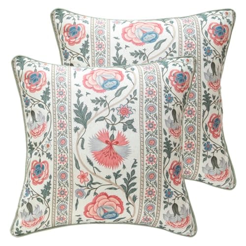 ISAENNE Design Square Retro Elegance Linen Throw Pillow Covers 18"x18" Pack of 2, Green Pink Floral Pattern Cushion Covers Decor Pillowcases for Bed,Living Room,Outdoor,Car