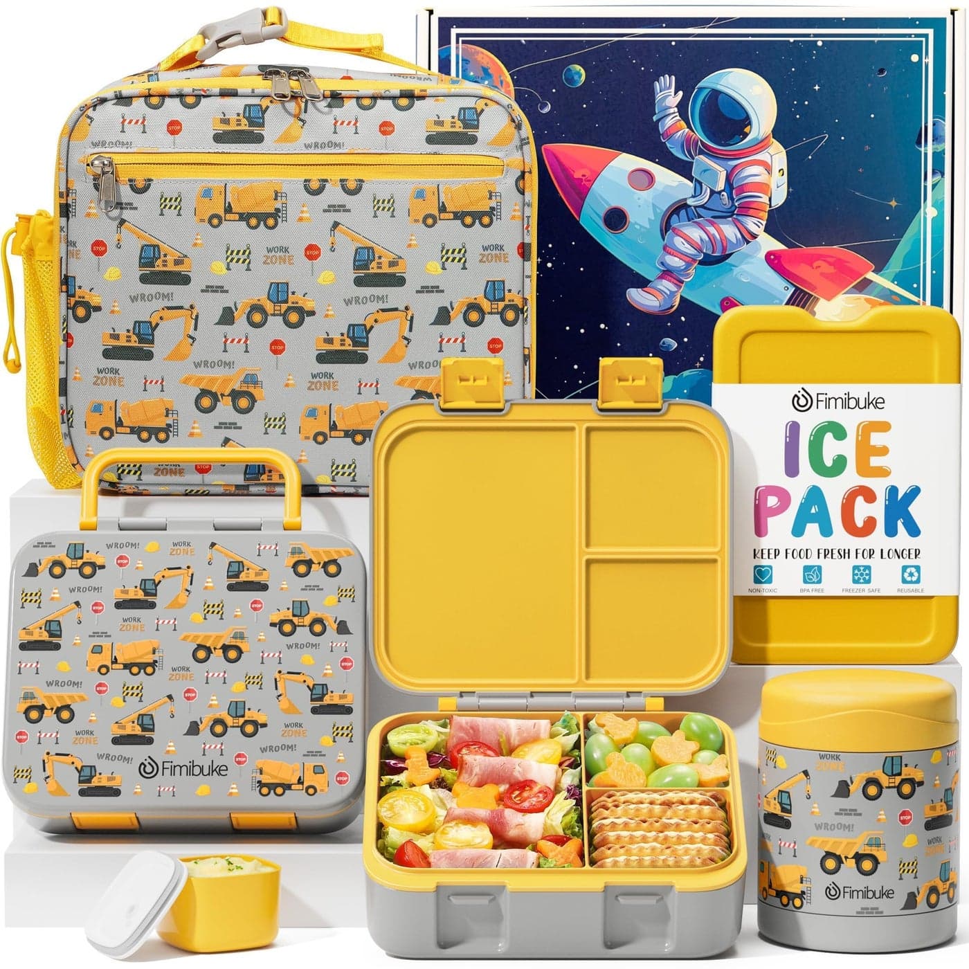 Fimibuke Bento Lunch Box for Kids with Thermos 3Compartment 32OZ Snack Lunch Container Lunch Bag 12OZ Insulated Food Jar Ice Pack Set for Age 312 School Daycare Toddler Teen Girls Boys Trucks