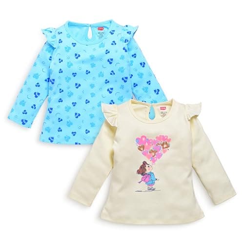 LuvLap Baby Girls 100% Cotton Full Sleeve Girls Top Pack of 2, Off White & Aqua, L (6 to 12 Months)