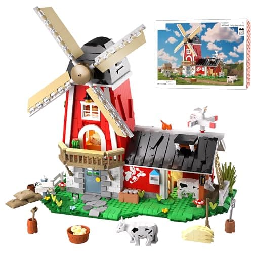 OWNONE 1 Windmill Farm Building Set with LED Lights 1310 PCS Red Barn Building Blocks Toy with Cows Animals Farm Model Building Bricks Set Home Decor Gift for Adults Teens Kids Boys Girls