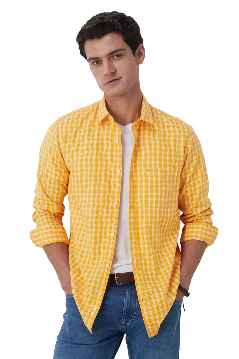 Peter England Men's Slim Fit Full Sleeve Checkered Casual Shirt | 100% Cotton | Premium Twill Weave Yellow