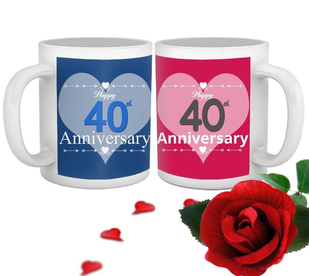 TIED RIBBONS 40th Marriage for Parents Father Mother Brother Sister Friend Collegue Relatives Set of 2 Printed Coffee Mugs with Rose(325ml Each,Blue,Pink)