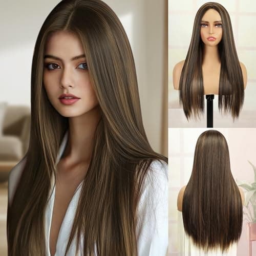Creamily Long Full Head Hair Wig for Women, Brunette Synthetic Hair Week for Woman,Straight Korean Ladies Wigs Natural Full Head for Daily Party (Brown,23 Inch)