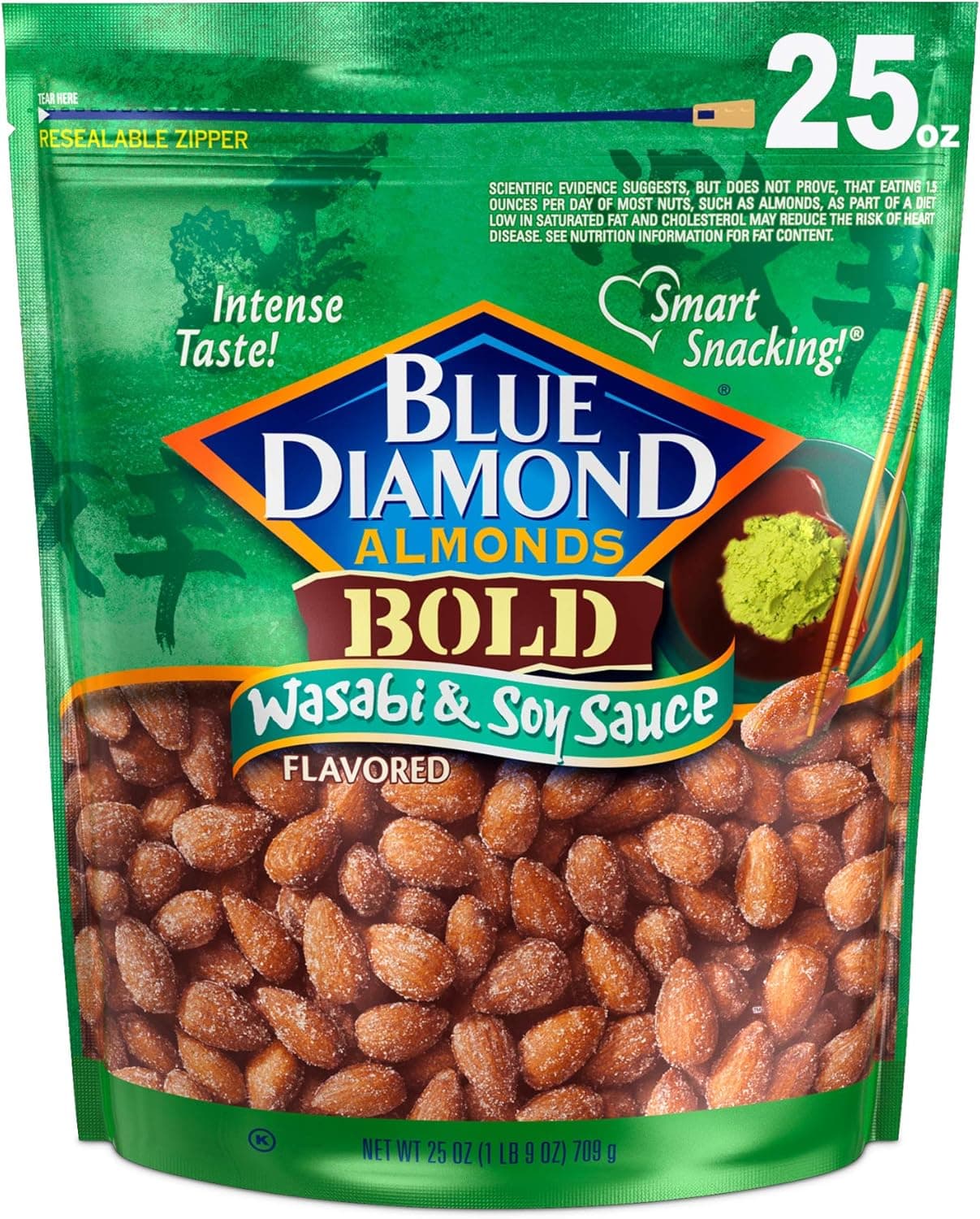 Blue Diamond Almonds Bold Wasabi & Soy Sauce Flavored Snack Nuts, 25 Oz Resealable Bag