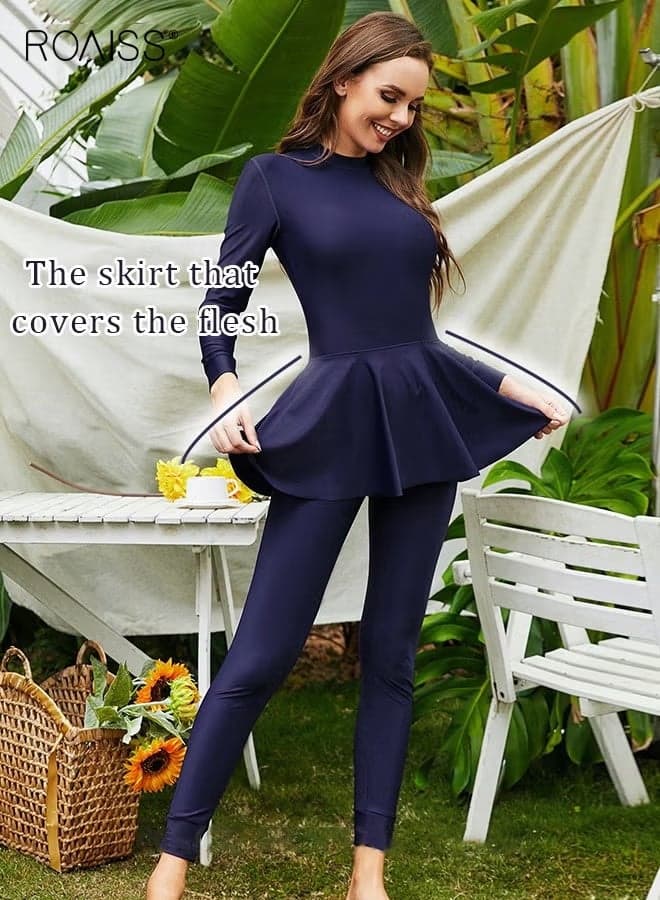 One-Piece Women's Conservative Swimsuit Set Muslim Ruffled Hem Swimsuit Long-Sleeved Trousers Ladies Beachwear Skirt Surfing Sunscreen Dress Arabic Clothing Dark Blue