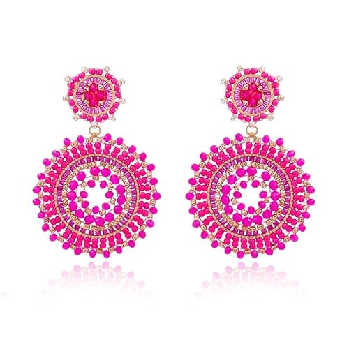 Hot Pink Beaded Earrings For Women Statement Seed Bead Dangle Summer Beach Fuschia Earrings Bohemia Earring For Gift