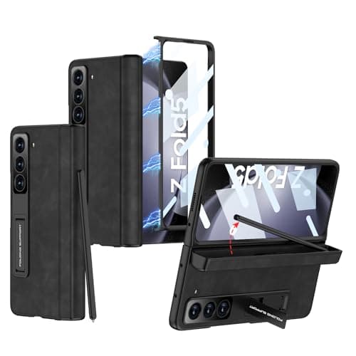 XIMAND for Samsung Galaxy Z Fold 5 Case with Magnetic Hinge Protection Builtin Front Screen and KicstandHidden SPen Slot and Frosted Slim Texture CaseBlack