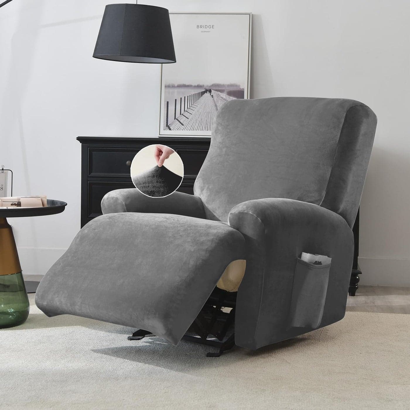 HOKIPO 4Pieces Premium Velvet Elastic Stretchable Recliner Sofa Cover 1 Seater Soft Washable Sofa Slipcovers Furniture Protector Dark Grey AR4907DGRY