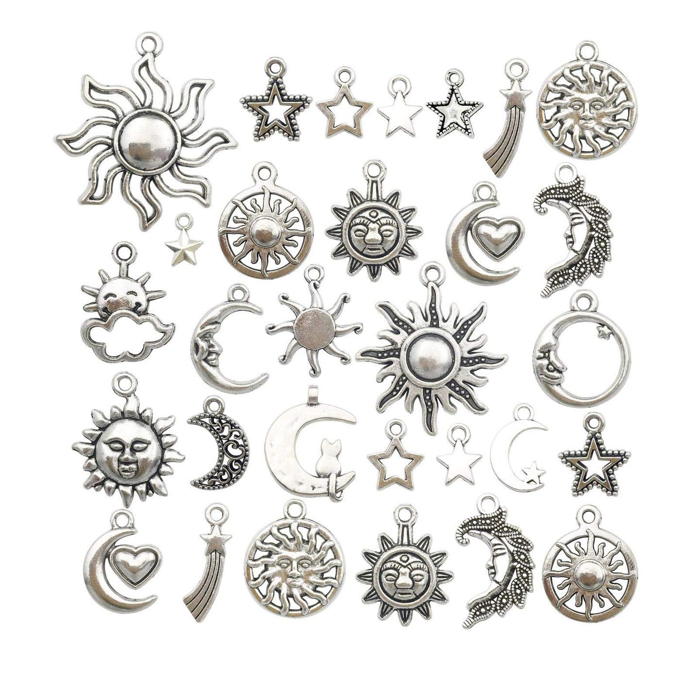 100g80pcs Craft Supplies Mixed Antique Silver Sun Moon Stars Charms Pendants for Crafting Jewelry Findings Making Accessory for DIY Necklace Bracelet M250